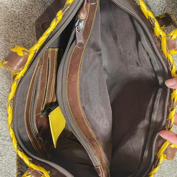 Brown leather handbag with yellow stitching accents - Picture 7 of 8